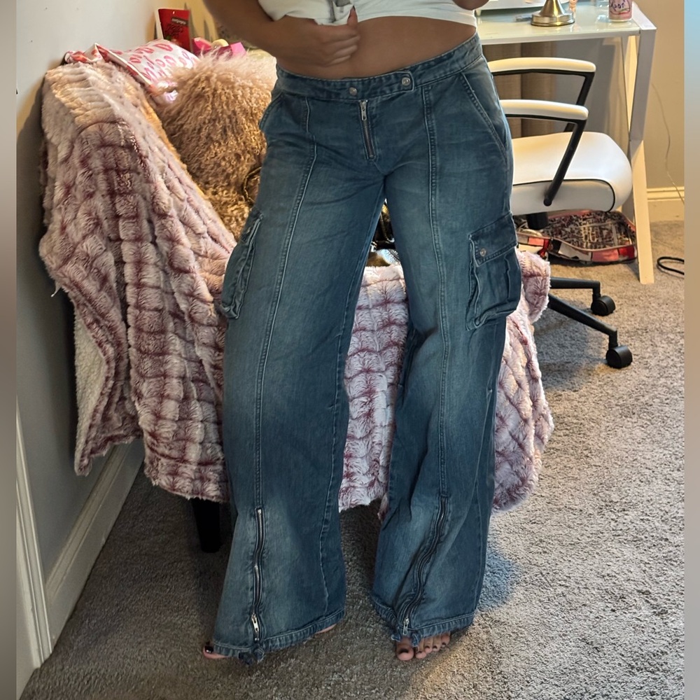 REVICE Low Rise Blue Flare Cargo Jeans